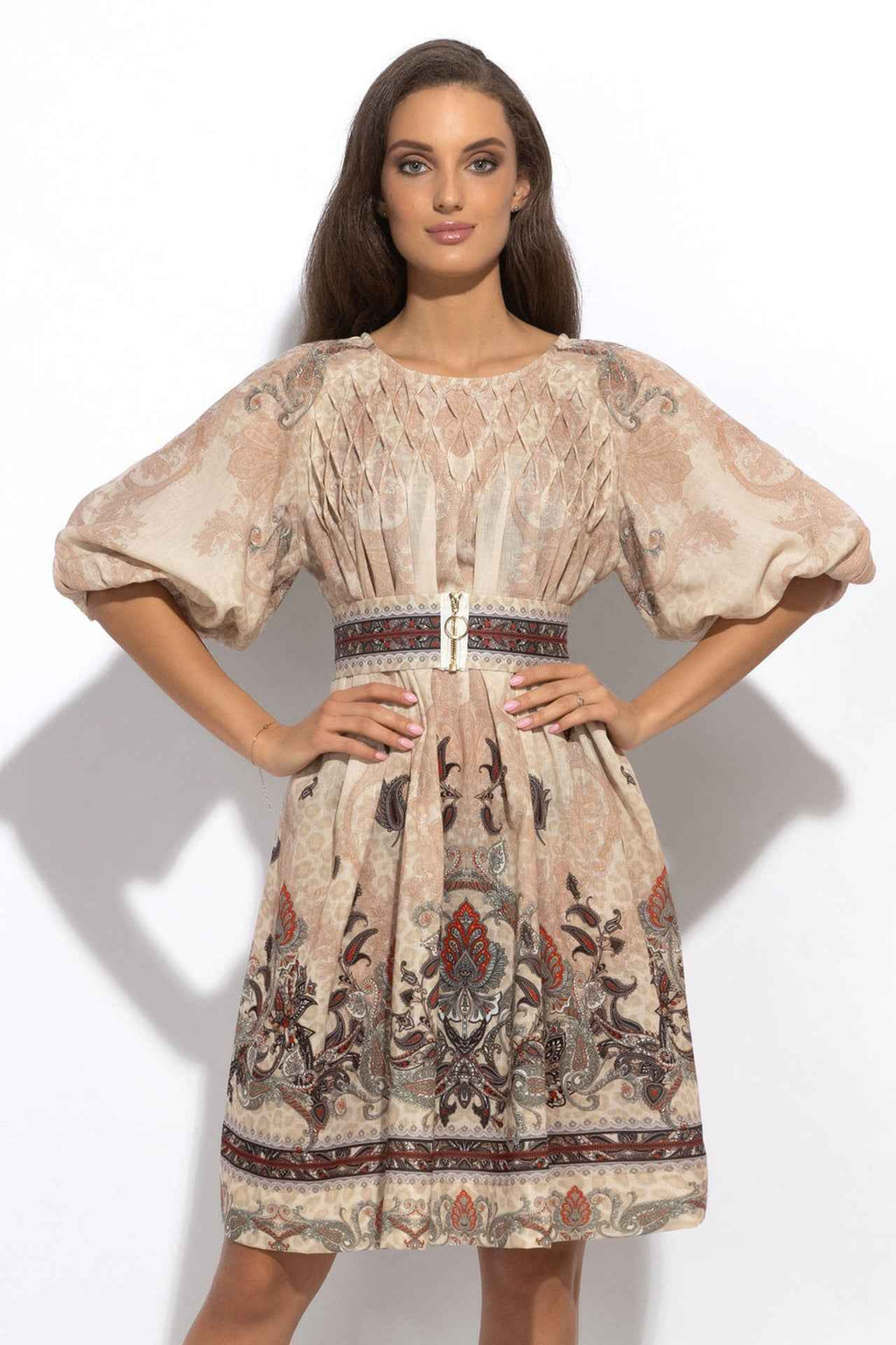 LINEN-LIKE BOHO DRESS – PAISLEY BEIGE
