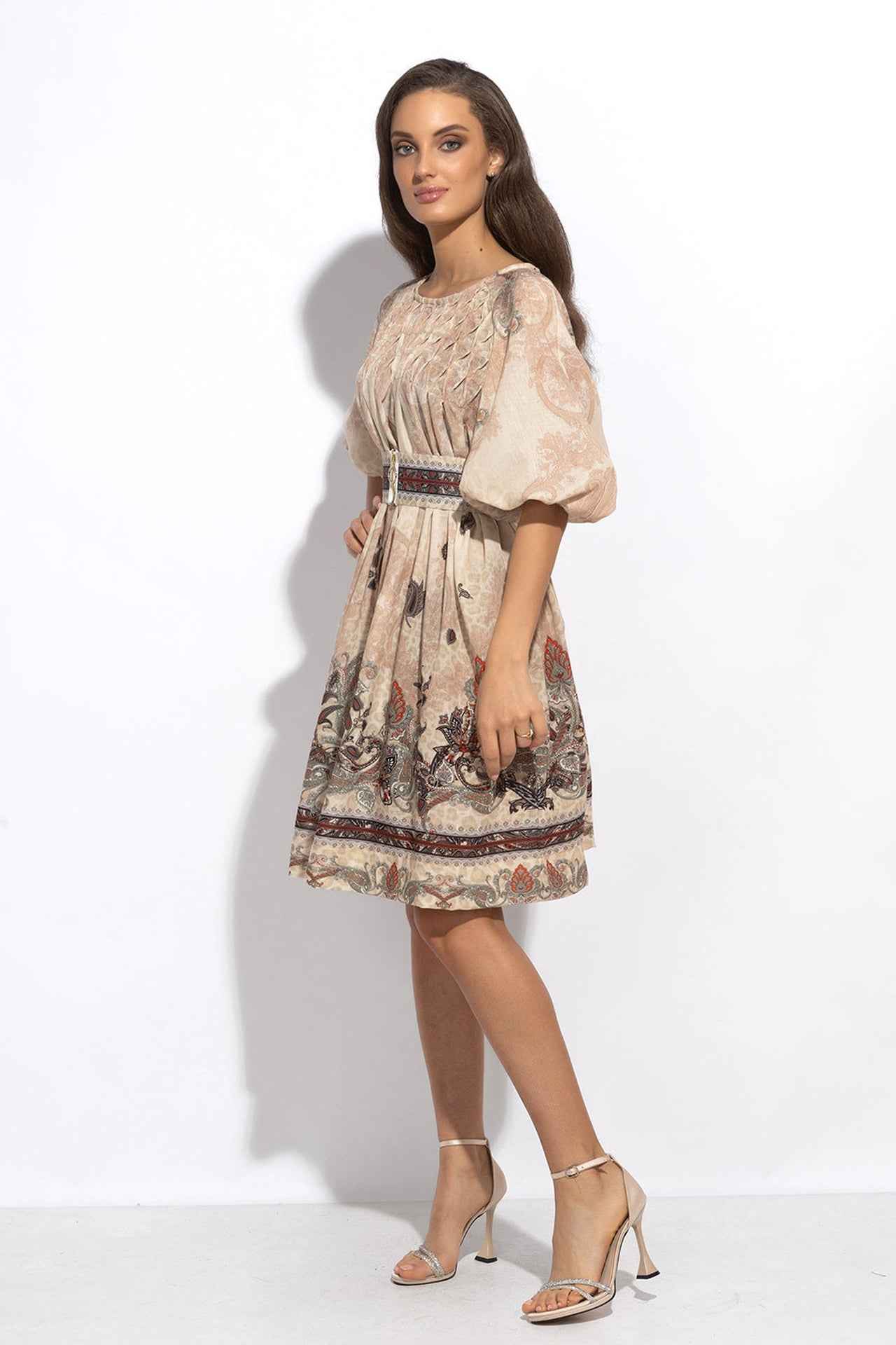 LINEN-LIKE BOHO DRESS – PAISLEY BEIGE