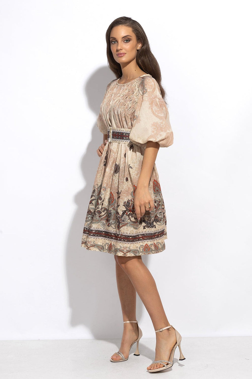 LINEN-LIKE BOHO DRESS – PAISLEY BEIGE - Fashion Roots
