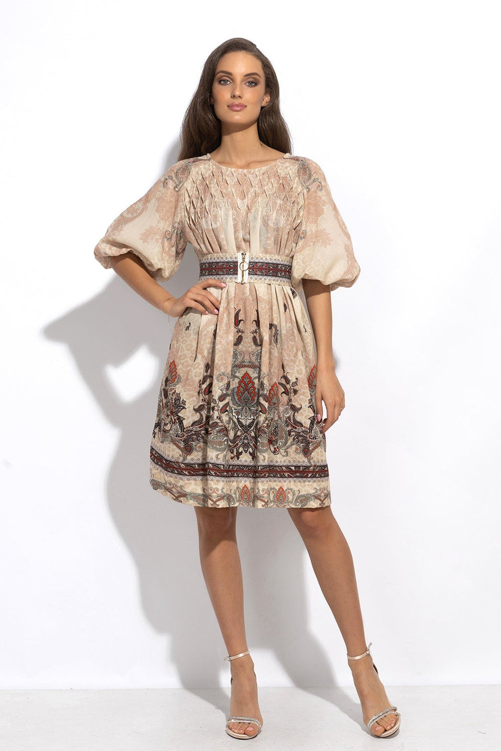 LINEN-LIKE BOHO DRESS – PAISLEY BEIGE - Fashion Roots