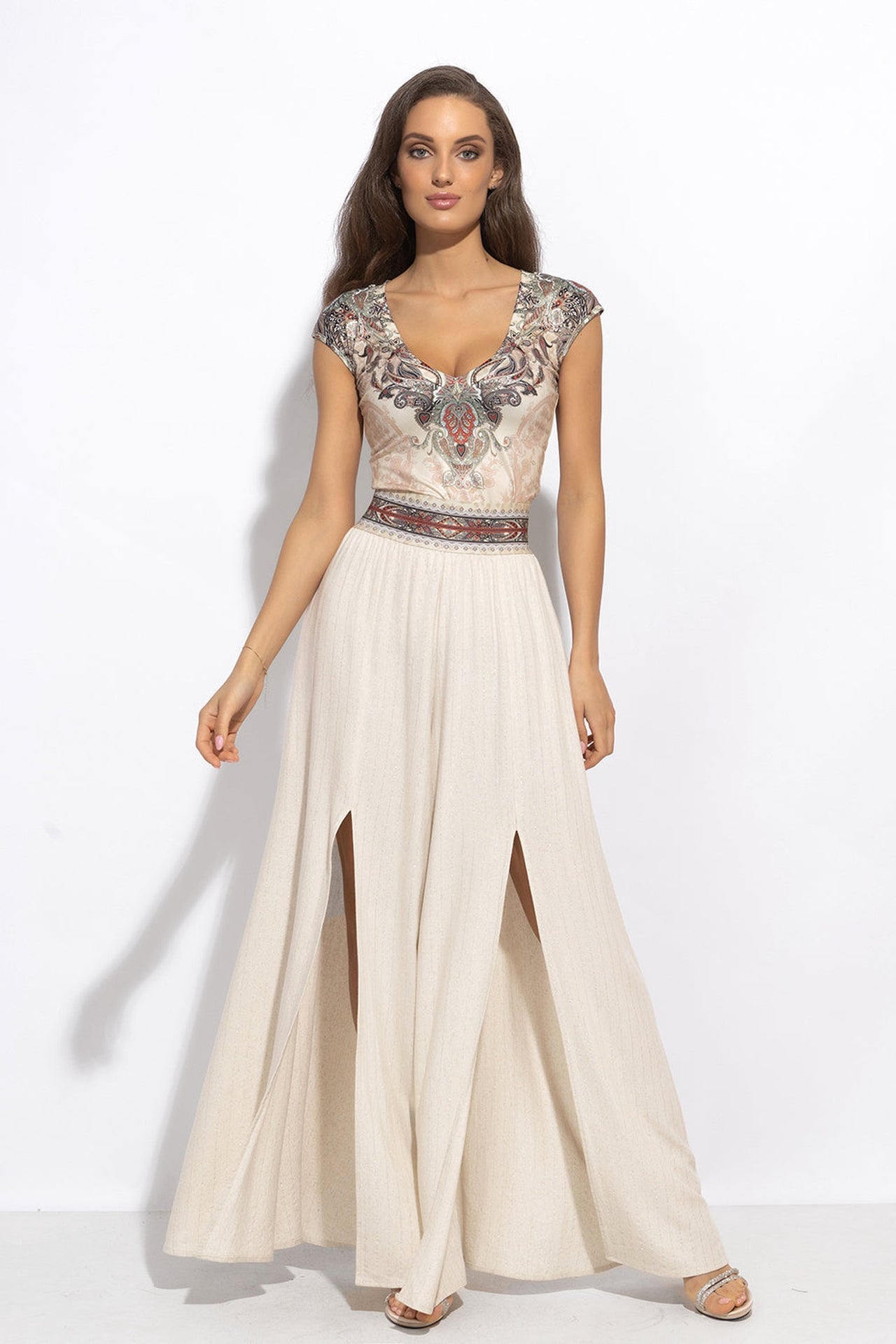 PANTALON TAILLE HAUTE EN VISCOSE-LIN AVEC FENTES À RAYURES ÉCRU - ESSENTIALS