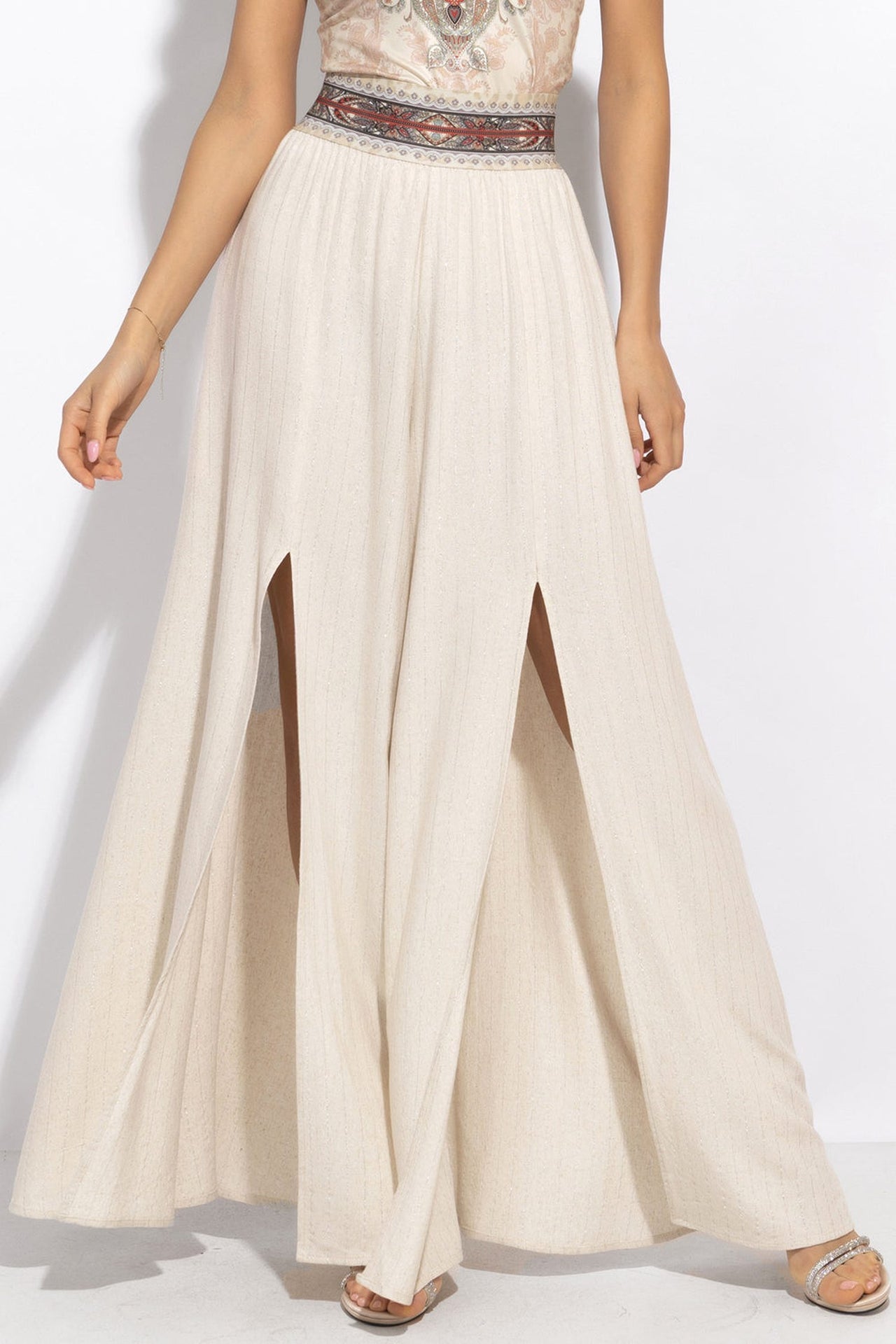 PANTALON TAILLE HAUTE EN VISCOSE-LIN AVEC FENTES À RAYURES ÉCRU - ESSENTIALS