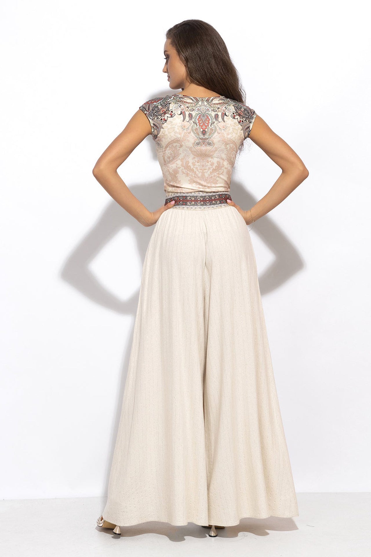 PANTALON TAILLE HAUTE EN VISCOSE-LIN AVEC FENTES À RAYURES ÉCRU - ESSENTIALS