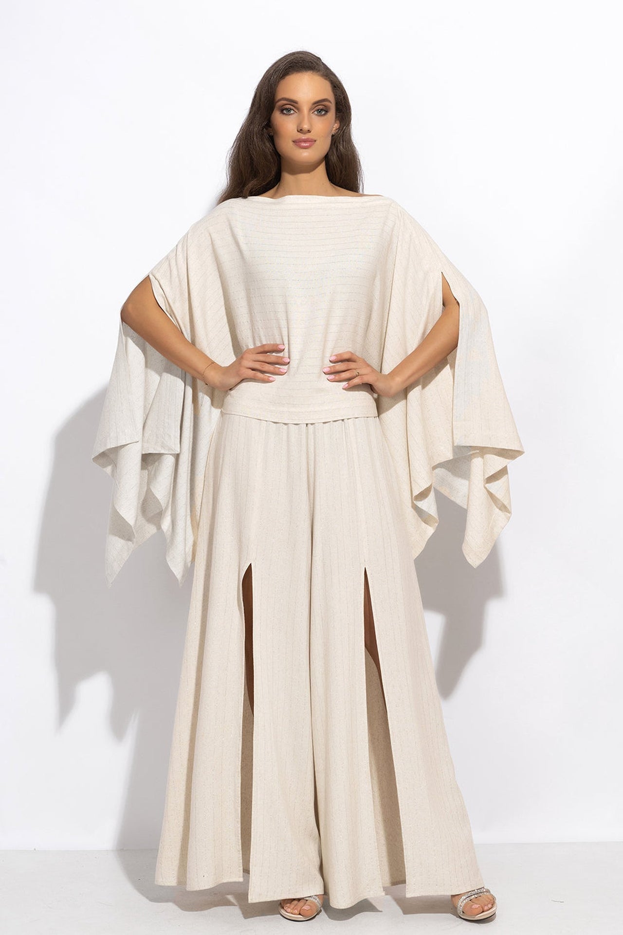 PANTALON TAILLE HAUTE EN VISCOSE-LIN AVEC FENTES À RAYURES ÉCRU - ESSENTIALS