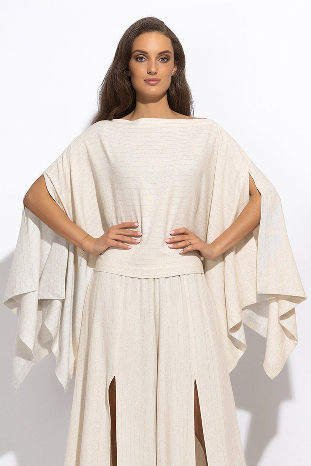 RELAXED VISCOSE-LINEN TUNIC WITH SIDE SLITS IN ECRU STRIPED - ESSENTIALS - Fashion Roots