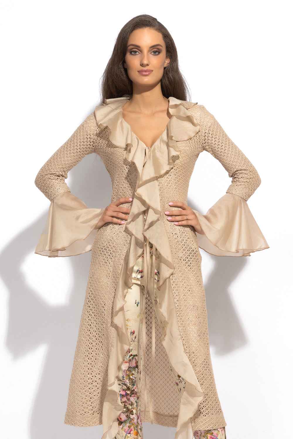 COTTON MESH CARDIGAN WITH RUFFLES - ESSENTIALS