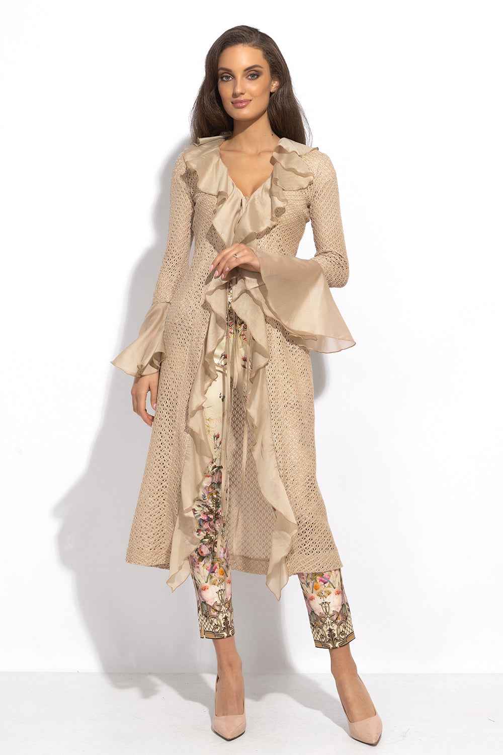 COTTON MESH CARDIGAN WITH RUFFLES - ESSENTIALS