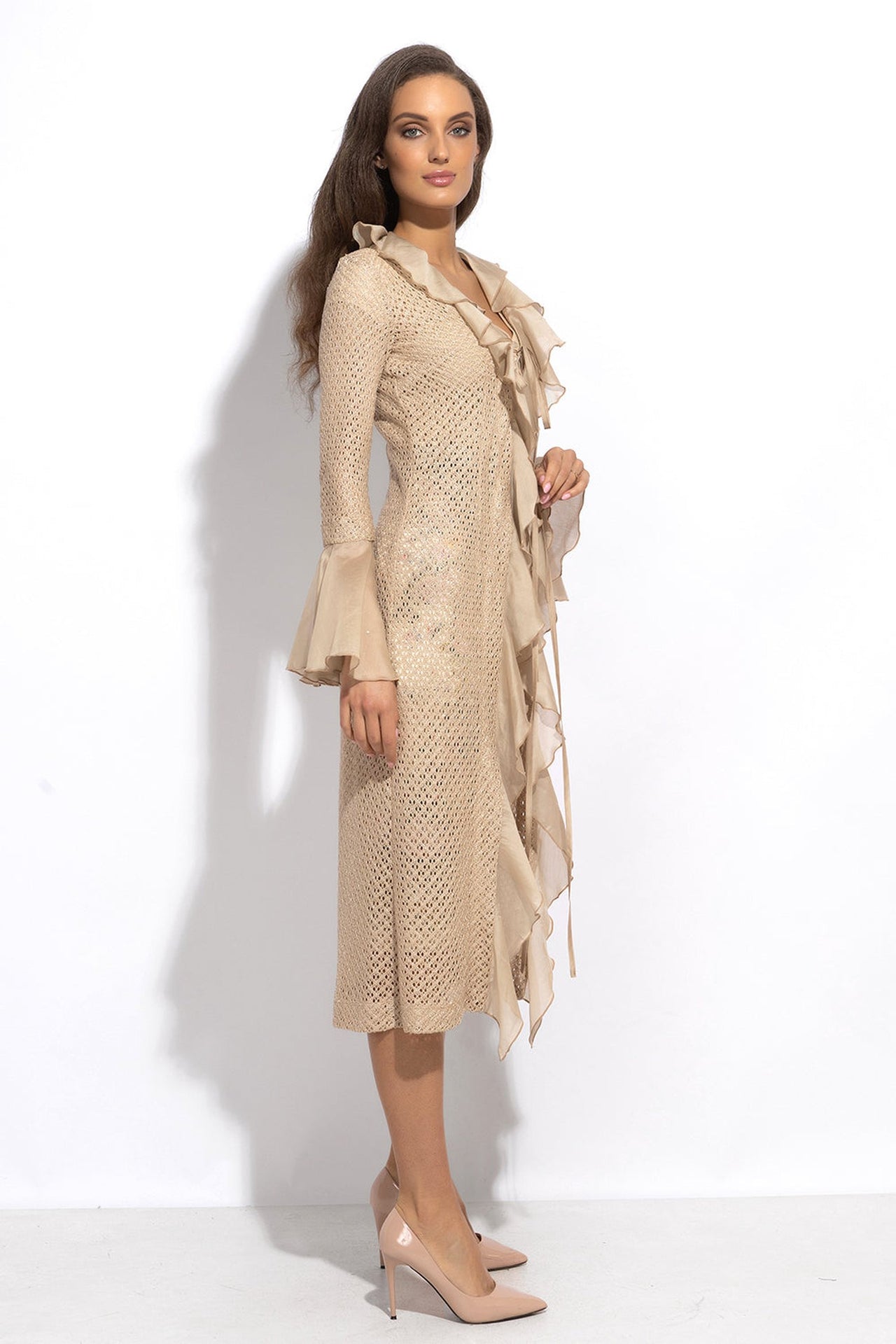 COTTON MESH CARDIGAN WITH RUFFLES - ESSENTIALS - Fashion Roots