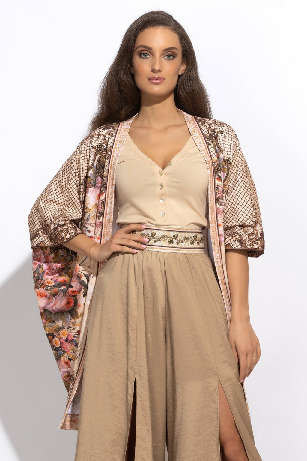 COTTON BUTTONED T-SHIRT WITH SHOULDER FLOWER - ESSENTIALS - Fashion Roots