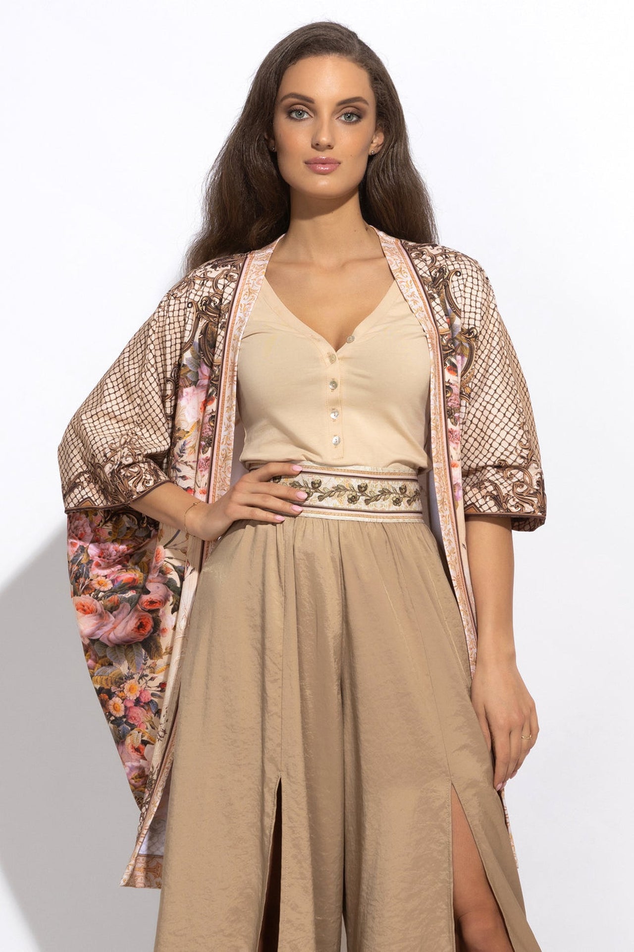 COTTON BUTTONED T-SHIRT WITH SHOULDER FLOWER - ESSENTIALS - Fashion Roots
