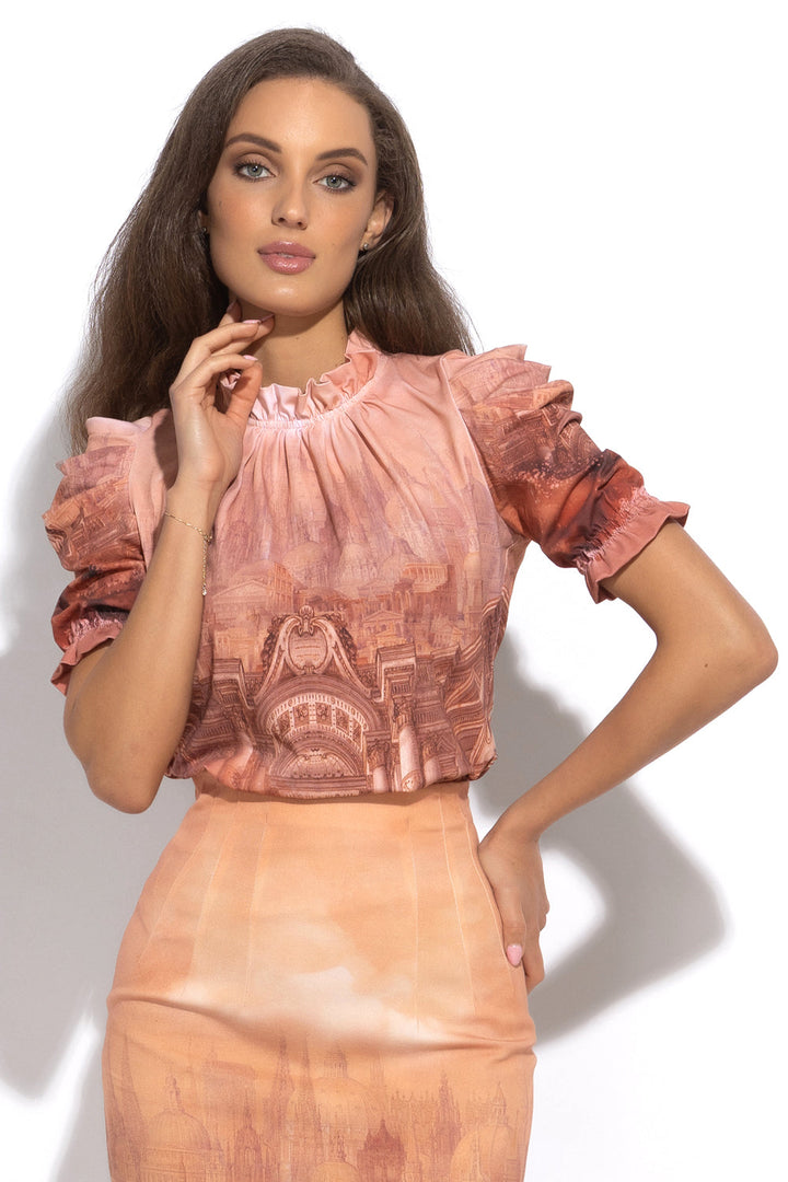 JERSEY COTTON BLOUSE WITH RUFFLED STAND COLLAR AND PUFF SLEEVES - ANCIENT TOWN JIORO БЛУЗА ОТ ПАМУК С РУЖКИ И БУФАН РЪКАВ - ANCIENT TOWN JIORO