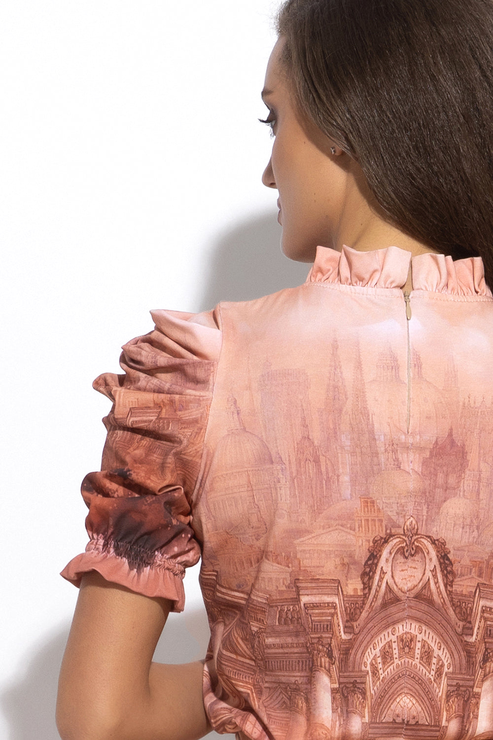 JERSEY COTTON BLOUSE WITH RUFFLED STAND COLLAR AND PUFF SLEEVES - ANCIENT TOWN