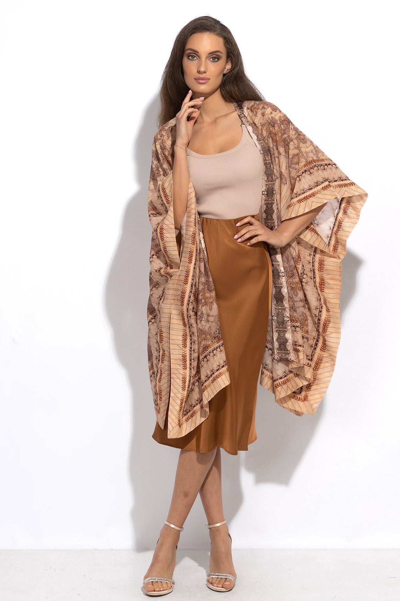SILK COTTON KIMONO DRESS - LEO BEIGE - Fashion Roots