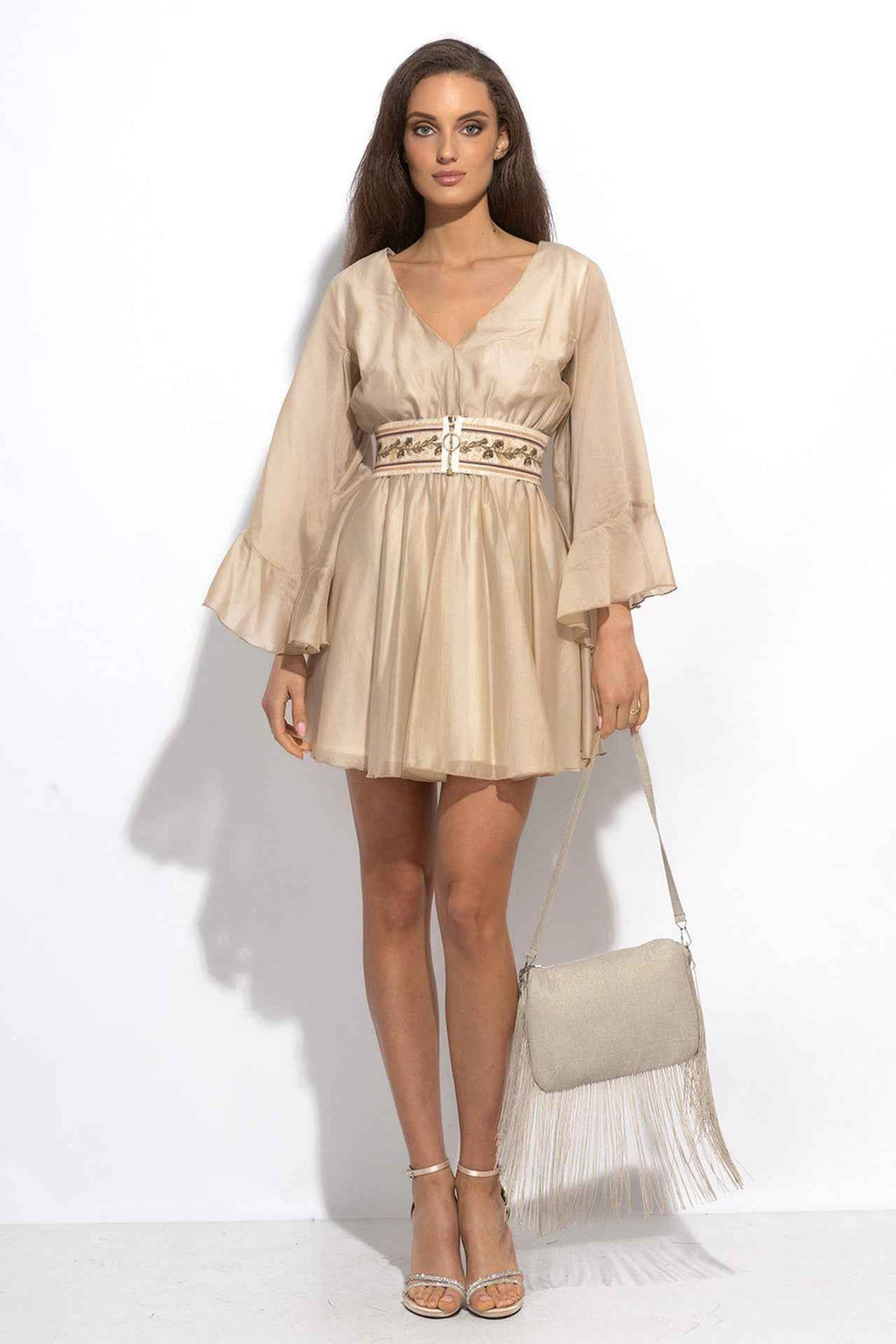 SHORT LYOCELL DRESS WITH WIDE SLEEVES IN BEIGE - ESSENTIALS