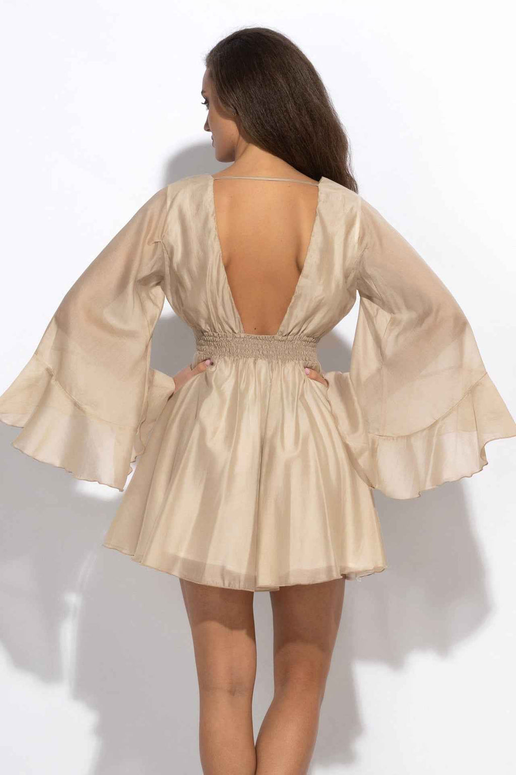 SHORT LYOCELL DRESS WITH WIDE SLEEVES IN BEIGE - ESSENTIALS