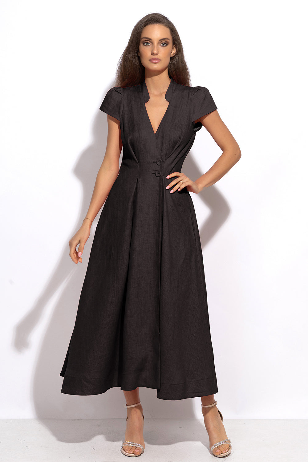 LONG FLARED LINEN DRESS IN BLACK - ESSENTIALS