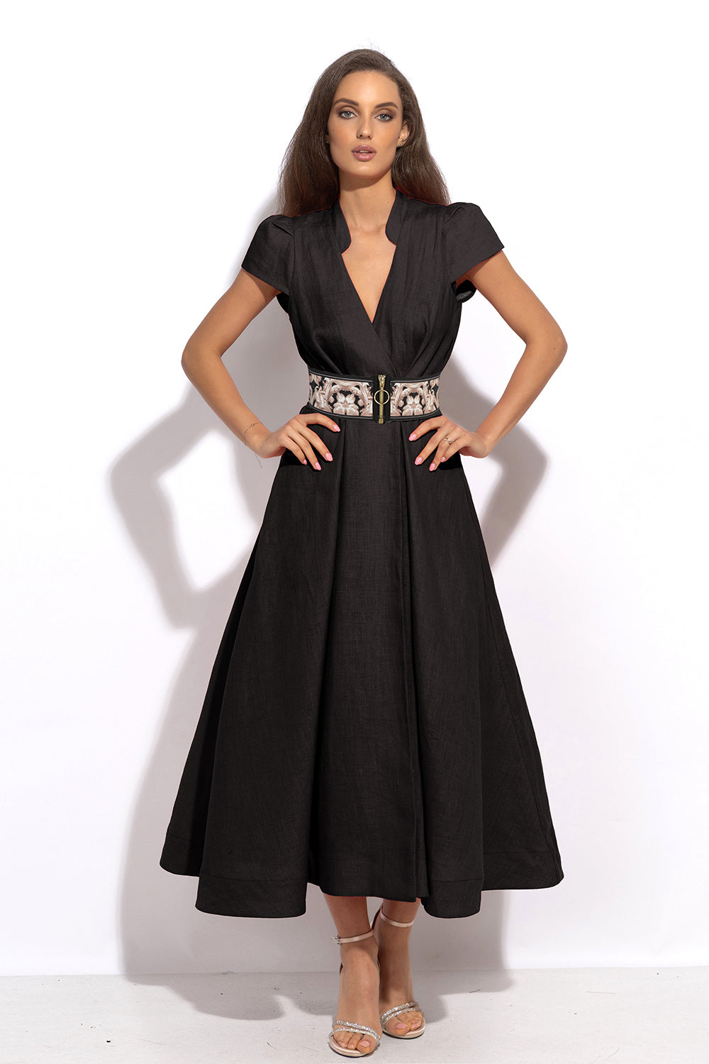 LONG FLARED LINEN DRESS IN BLACK - ESSENTIALS