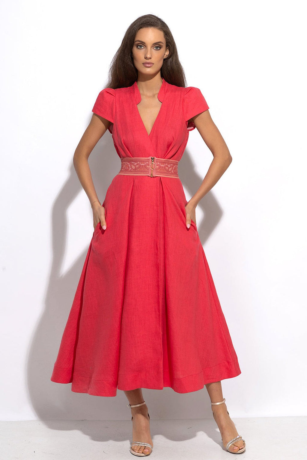 LONG FLARED LINEN DRESS IN FUCHSIA - ESSENTIALS - Fashion Roots