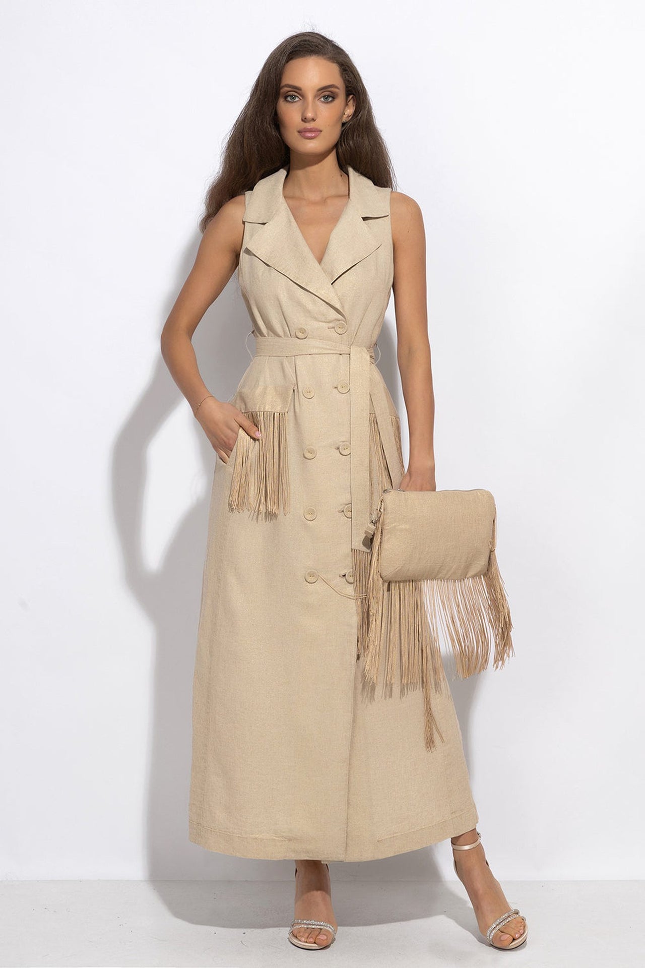 LINEN SLEEVELESS TRENCH MIDI DRESS WITH FRINGES - ESSENTIALS - Fashion Roots