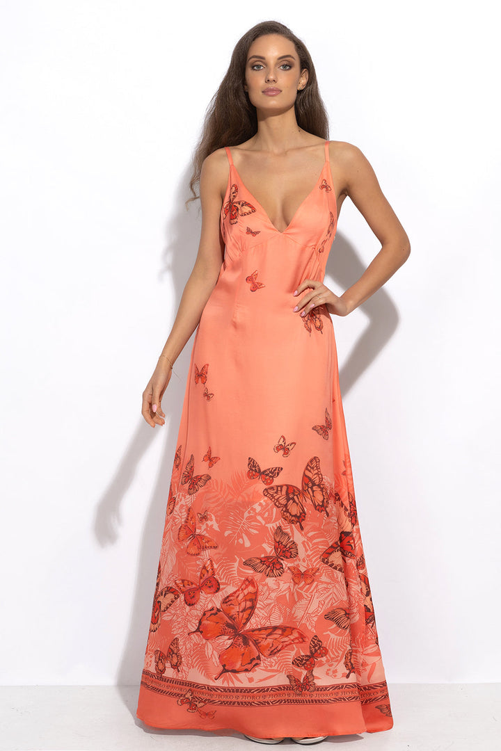 VISCOSE SLIP DRESS WITH OPEN BACK AND THIN STRAPS - PAPAYA BUTTERFLIES JIORO РОКЛЯ ОТ ВИСКОЗА С ОТВОРЕН ГРЪБ И ТЪНКИ ПРЕЗРАМКИ - PAPAYA BUTTERFLIES JIORO