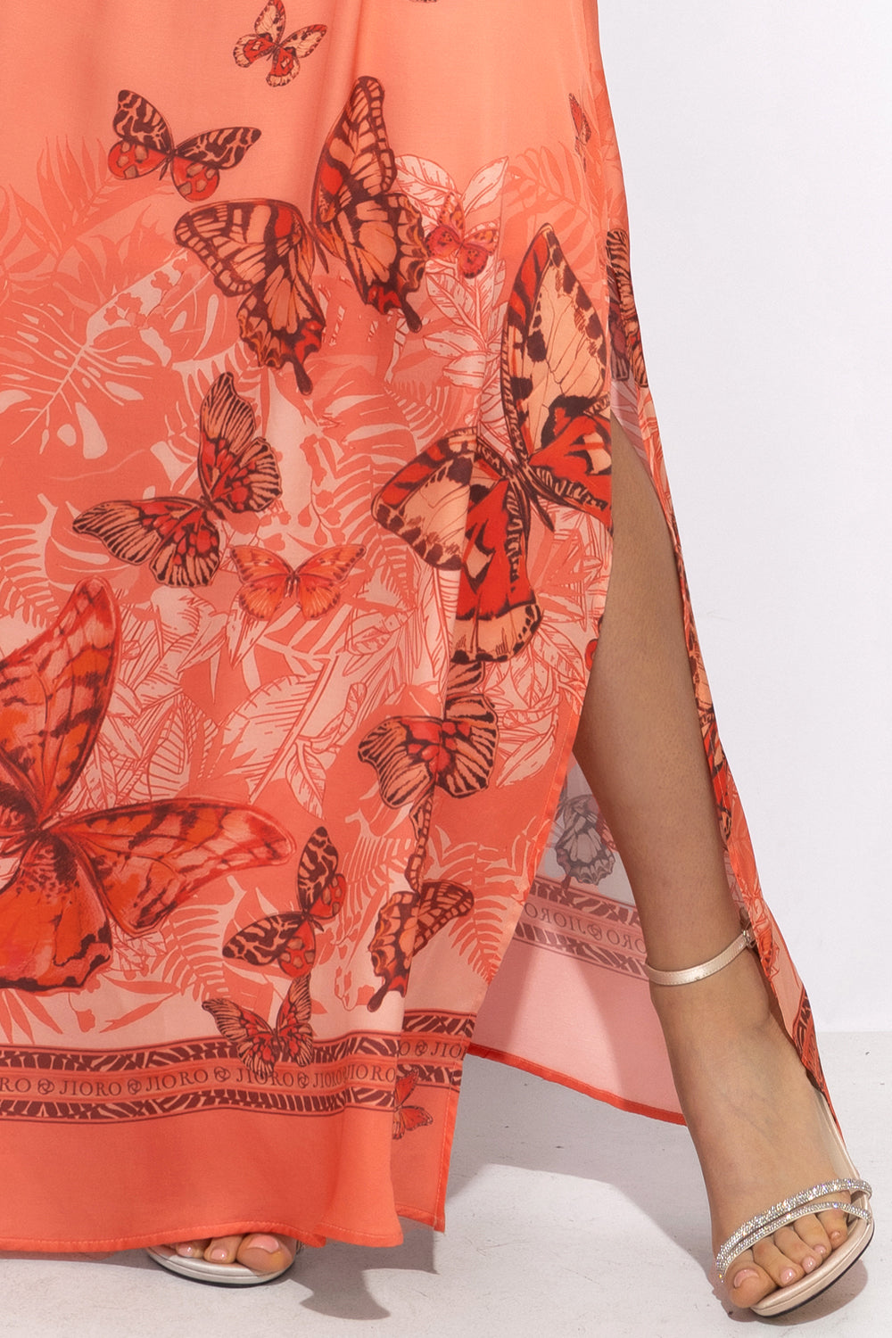 VISCOSE SLIP DRESS WITH OPEN BACK AND THIN STRAPS - PAPAYA BUTTERFLIES JIORO РОКЛЯ ОТ ВИСКОЗА С ОТВОРЕН ГРЪБ И ТЪНКИ ПРЕЗРАМКИ - PAPAYA BUTTERFLIES JIORO