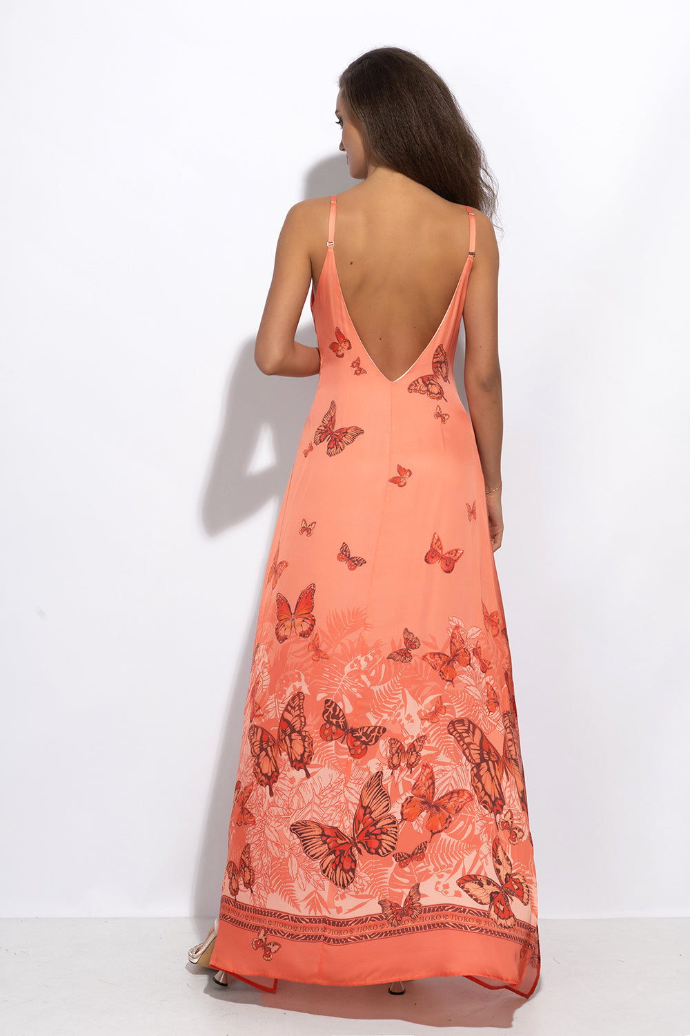 VISCOSE SLIP DRESS WITH OPEN BACK AND THIN STRAPS - PAPAYA BUTTERFLIES JIORO РОКЛЯ ОТ ВИСКОЗА С ОТВОРЕН ГРЪБ И ТЪНКИ ПРЕЗРАМКИ - PAPAYA BUTTERFLIES JIORO