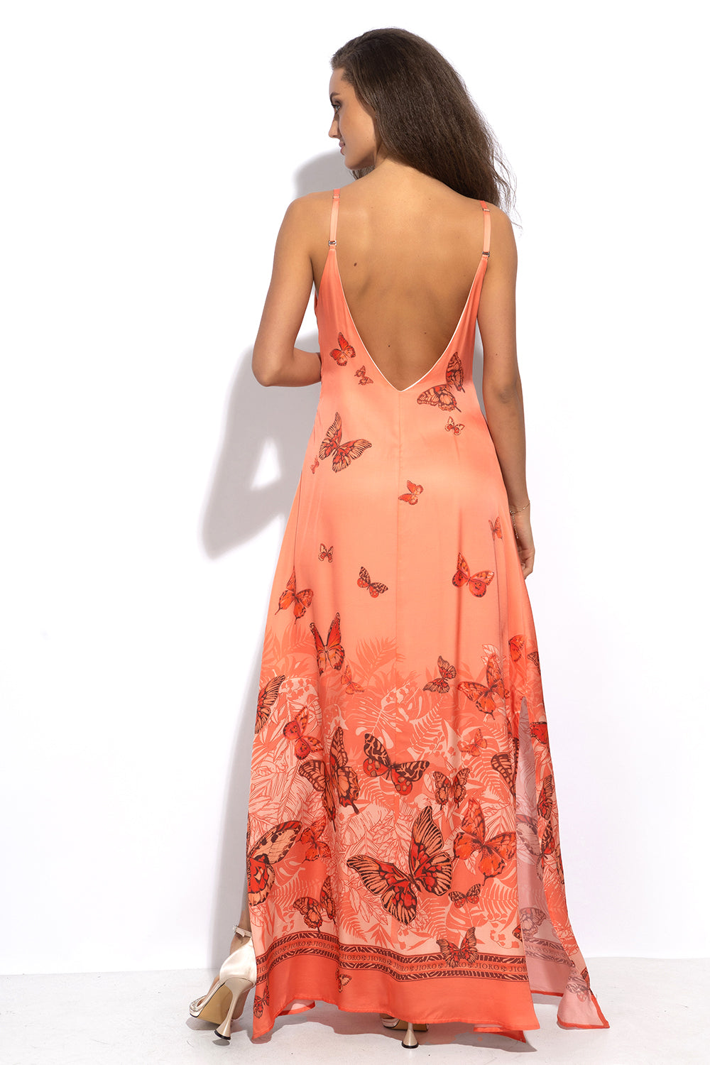 VISCOSE SLIP DRESS WITH OPEN BACK AND THIN STRAPS - PAPAYA BUTTERFLIES JIORO РОКЛЯ ОТ ВИСКОЗА С ОТВОРЕН ГРЪБ И ТЪНКИ ПРЕЗРАМКИ - PAPAYA BUTTERFLIES JIORO