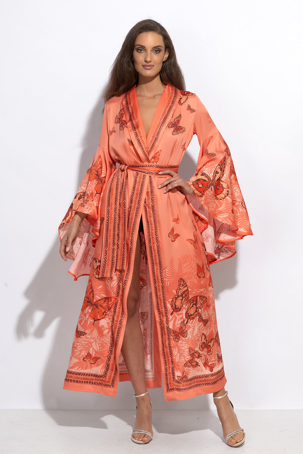 VISCOSE KIMONO WITH DRAPED BACK AND SHAWL COLLAR - PAPAYA BUTTERFLIES