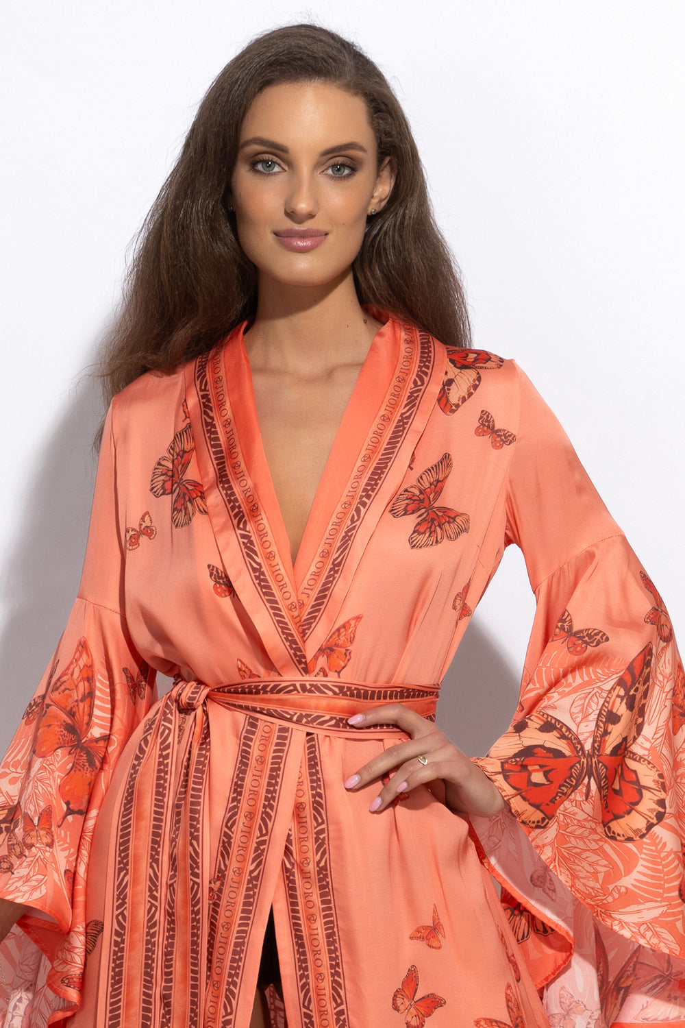 VISCOSE KIMONO WITH DRAPED BACK AND SHAWL COLLAR - PAPAYA BUTTERFLIES