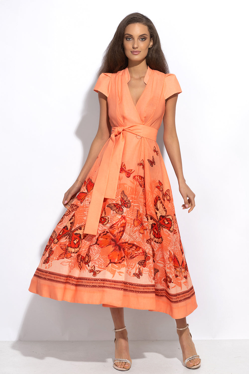 LONG FLARED LINEN DRESS - PAPAYA BUTTERFLIES JIORO ДЪЛГА РАЗКРОЕНА РОКЛЯ ОТ ЛЕН - PAPAYA BUTTERFLIES JIORO