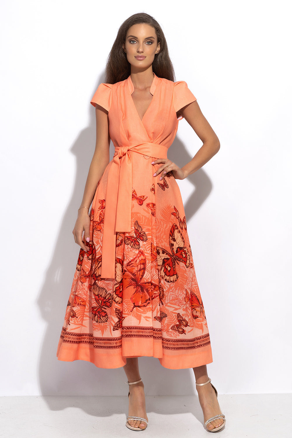 LONG FLARED LINEN DRESS - PAPAYA BUTTERFLIES JIORO ДЪЛГА РАЗКРОЕНА РОКЛЯ ОТ ЛЕН - PAPAYA BUTTERFLIES JIORO