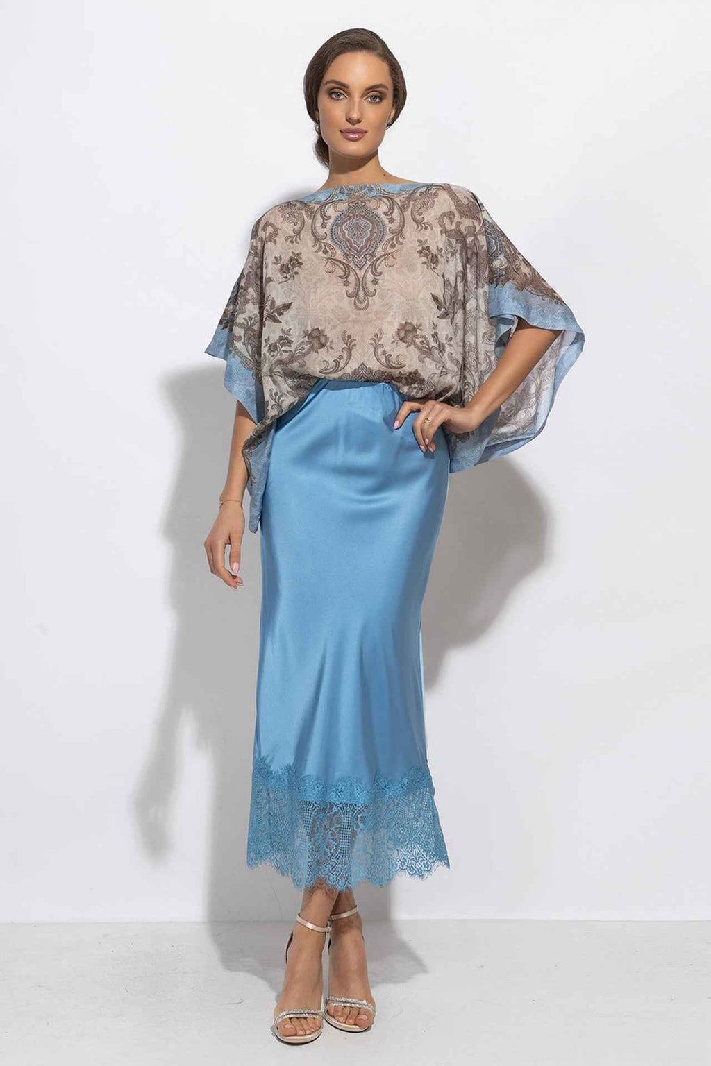 FLARED SKIRT WITH LACE TRIM IN SKY BLUE - ESSENTIALS
