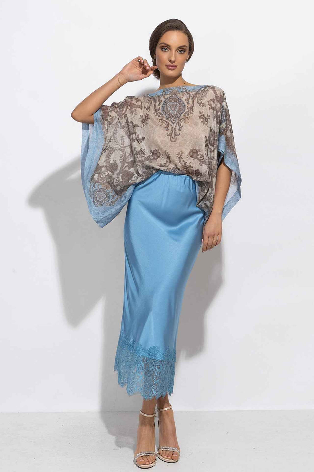 FLARED SKIRT WITH LACE TRIM IN SKY BLUE - ESSENTIALS