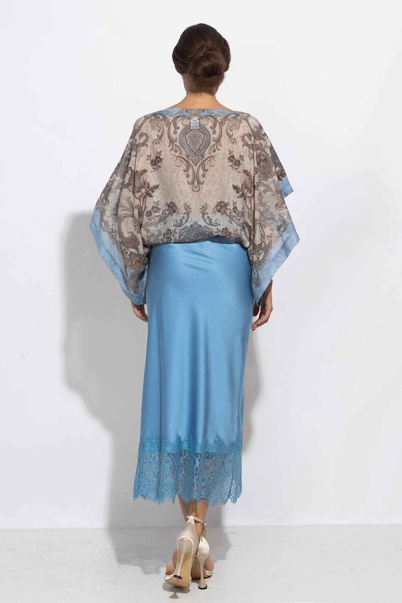 FLARED SKIRT WITH LACE TRIM IN SKY BLUE - ESSENTIALS