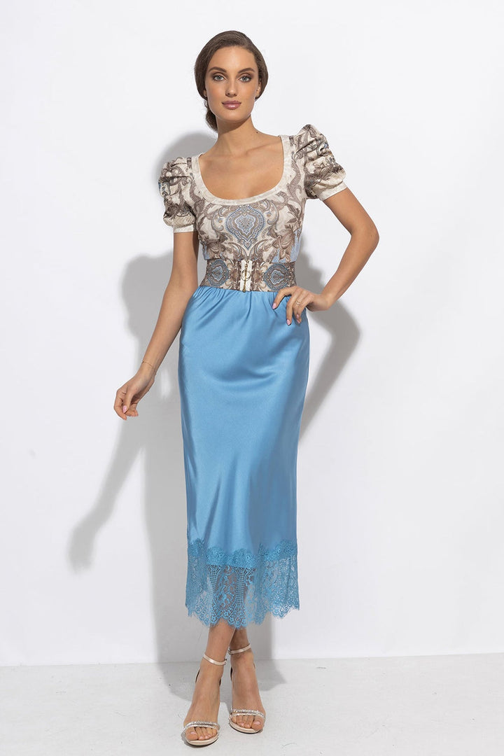 FLARED SKIRT WITH LACE TRIM IN SKY BLUE - ESSENTIALS JIORO РАЗКРОЕНА ПОЛА С ДАНТЕЛА В НЕБЕСНО СИНЬО – ESSENTIALS JIORO