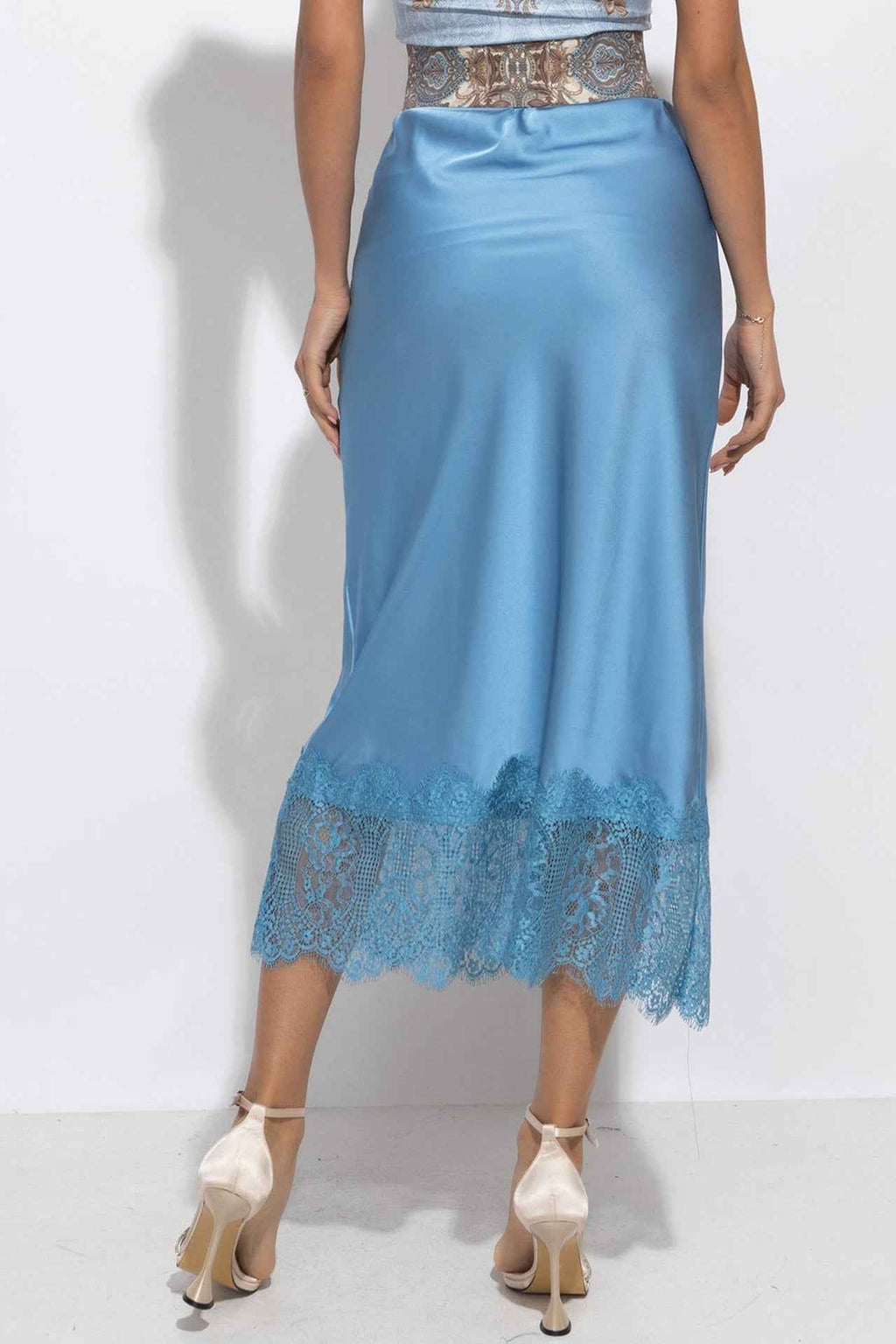 FLARED SKIRT WITH LACE TRIM IN SKY BLUE - ESSENTIALS