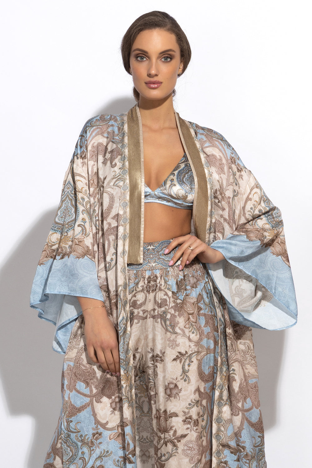 SATIN VISCOSE LOOSE FIT PANTS - PAISLEY SKY - Fashion Roots