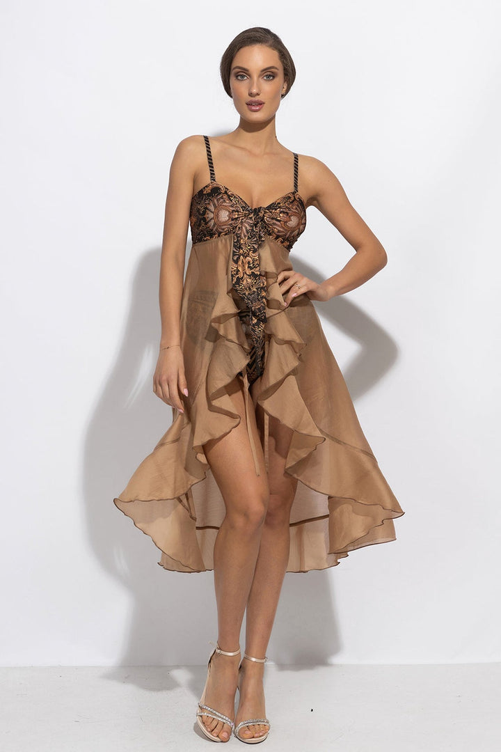 LYOCELl AND VISCOSE LONG RUFFLED TUNIC - GOLDEN STRIPES - Fashion Roots