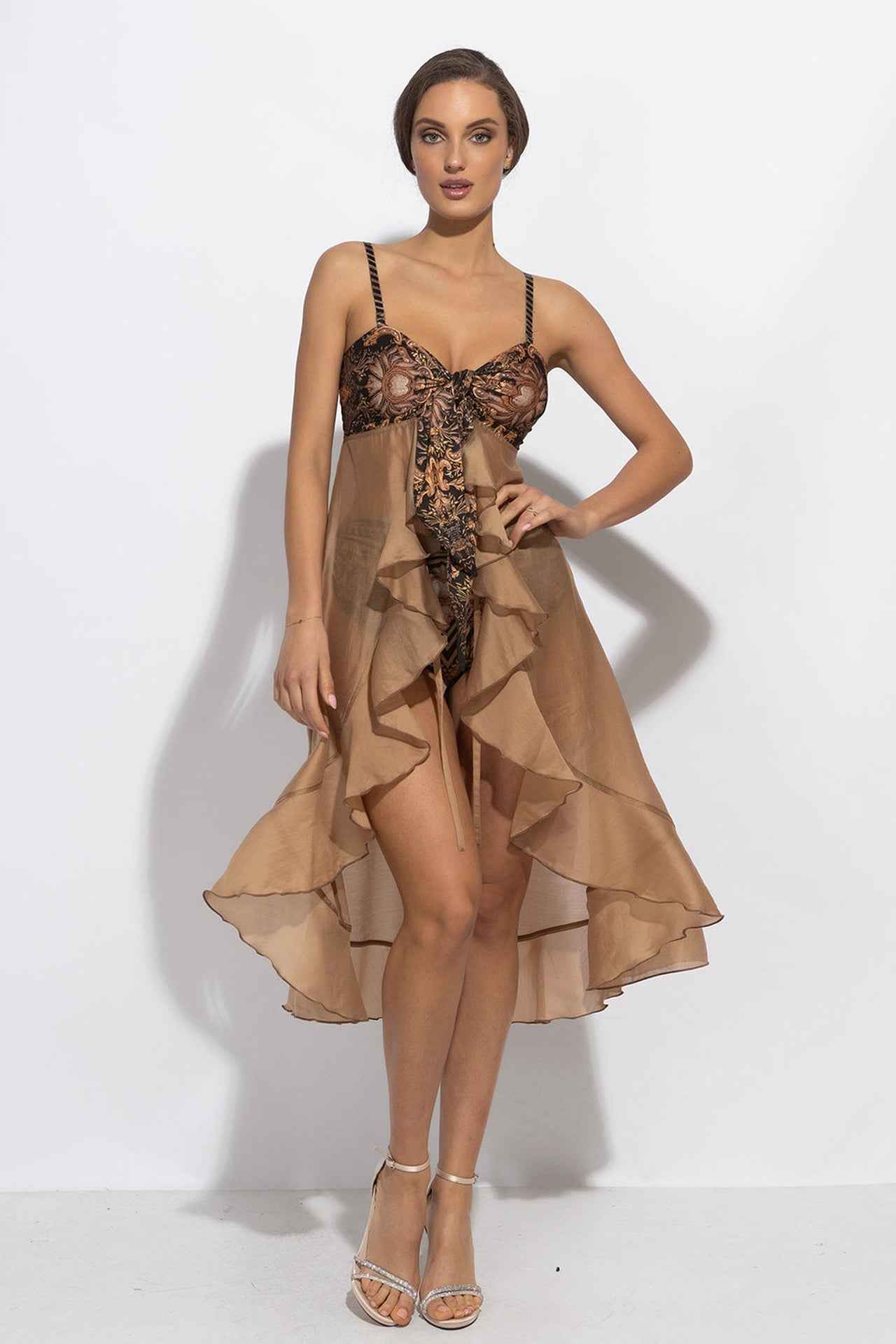 LYOCELl AND VISCOSE LONG RUFFLED TUNIC - GOLDEN STRIPES