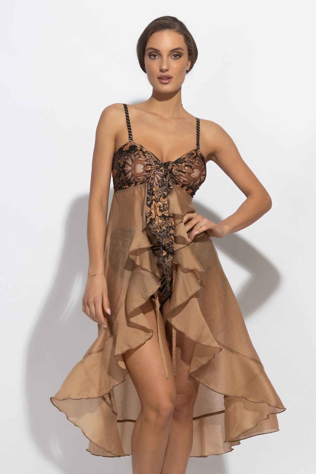 LYOCELl AND VISCOSE LONG RUFFLED TUNIC - GOLDEN STRIPES