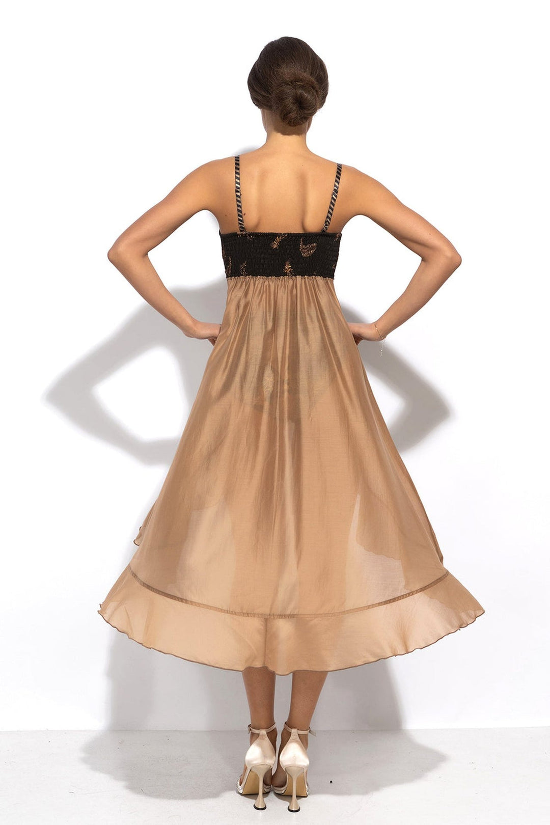 LYOCELl AND VISCOSE LONG RUFFLED TUNIC - GOLDEN STRIPES - Fashion Roots