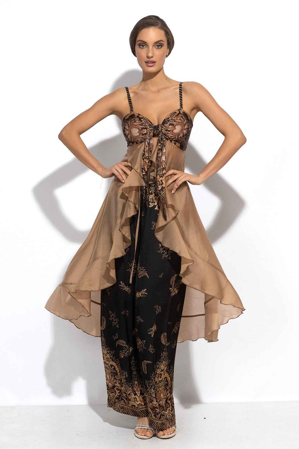 LYOCELl AND VISCOSE LONG RUFFLED TUNIC - GOLDEN STRIPES