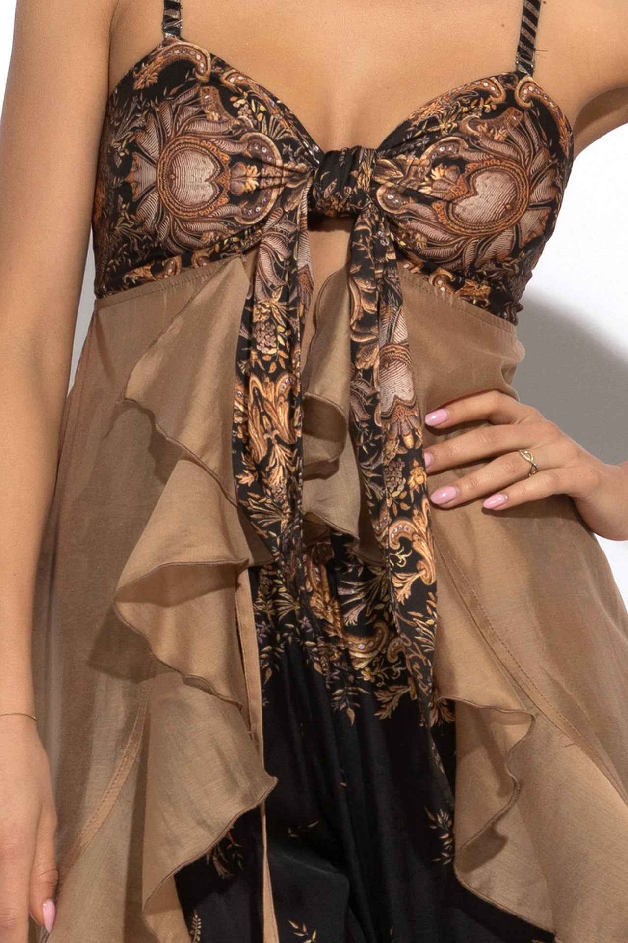 LYOCELl AND VISCOSE LONG RUFFLED TUNIC - GOLDEN STRIPES