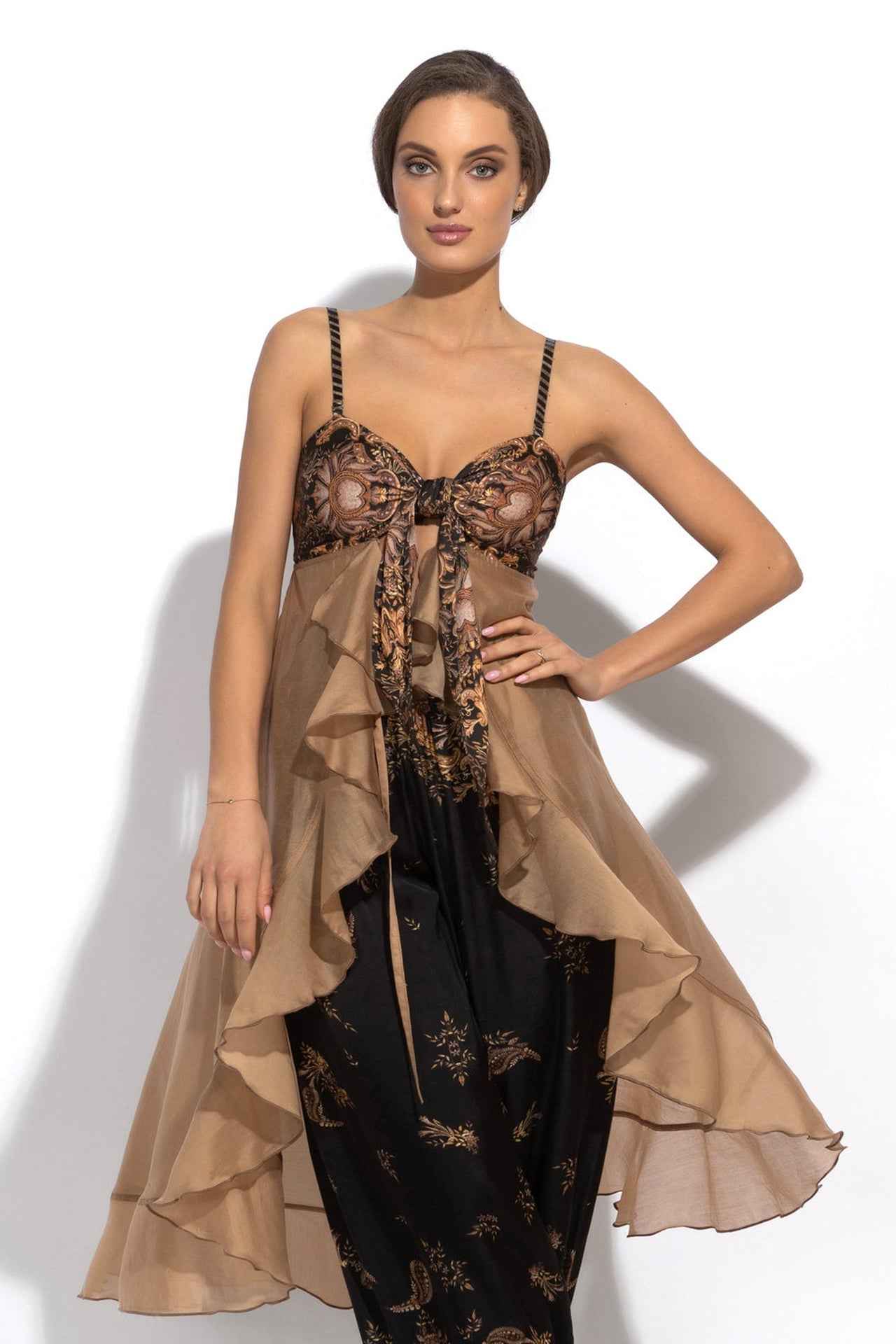 LYOCELl AND VISCOSE LONG RUFFLED TUNIC - GOLDEN STRIPES