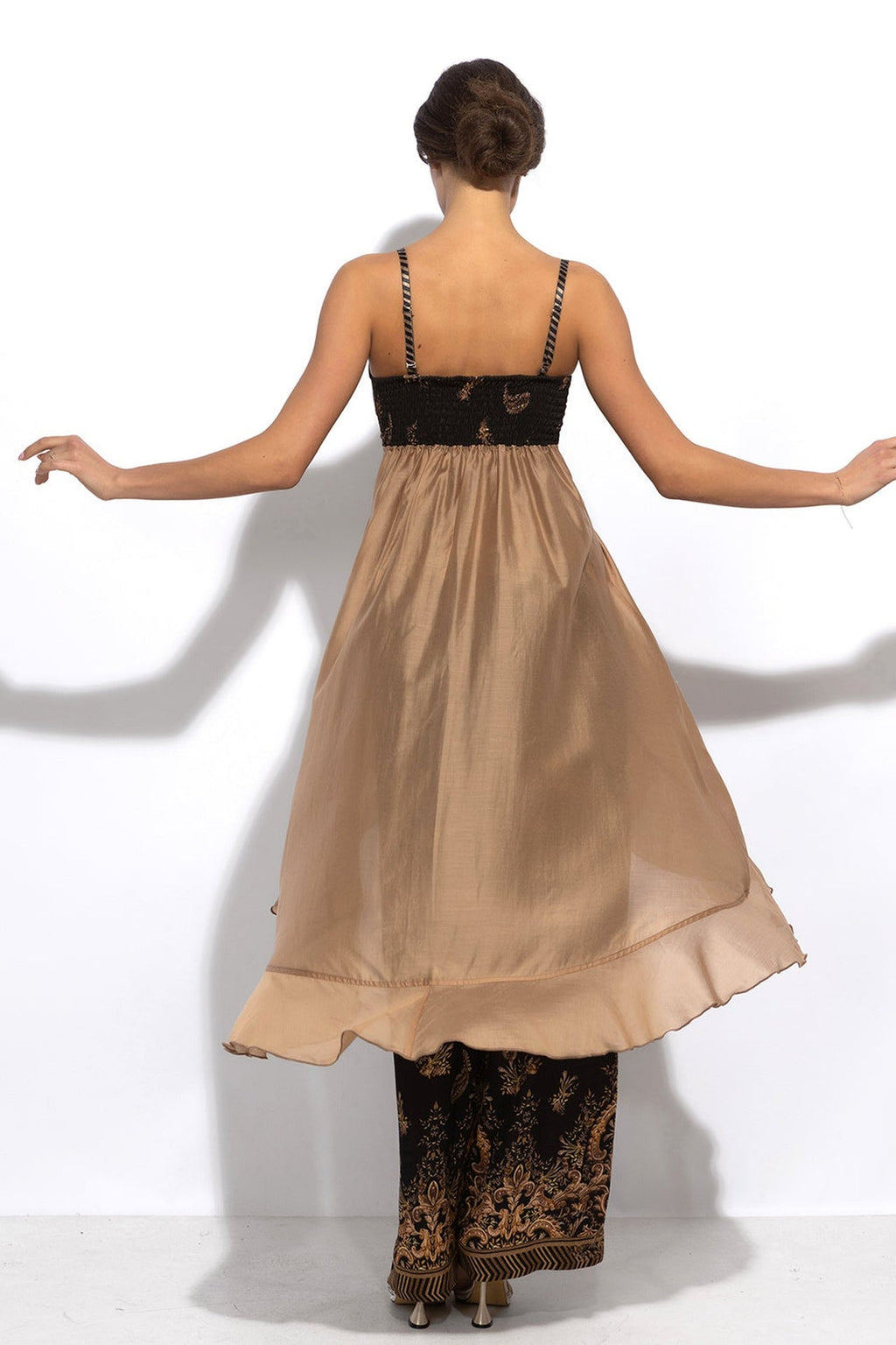 LYOCELl AND VISCOSE LONG RUFFLED TUNIC - GOLDEN STRIPES - Fashion Roots
