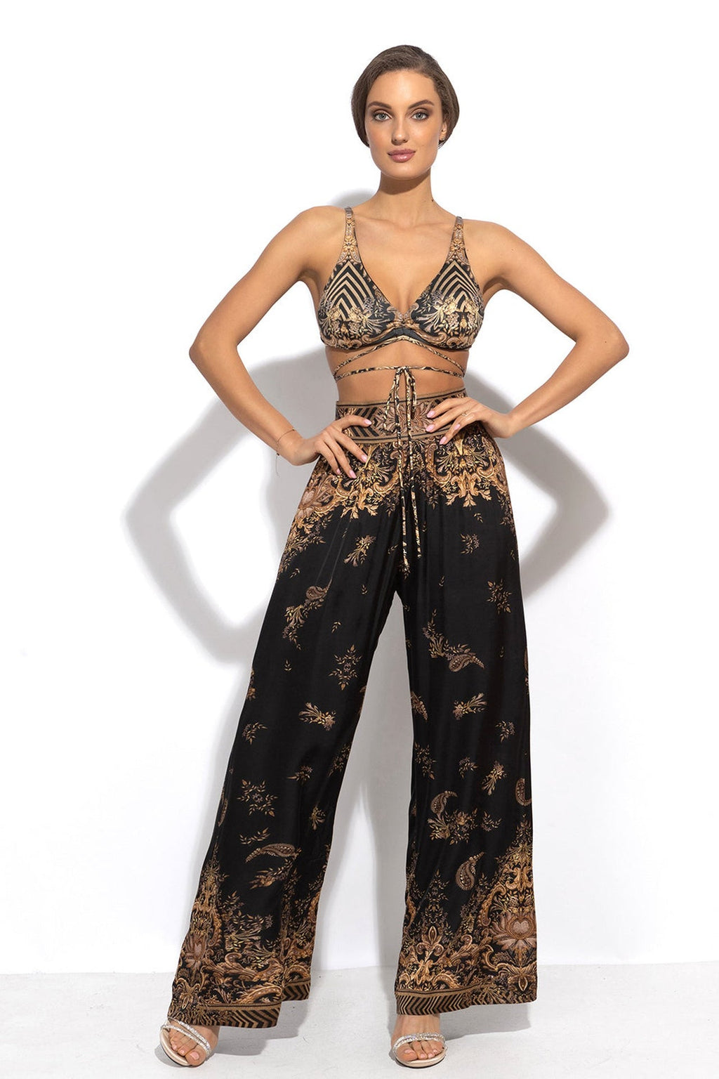 VISCOSE SATIN WIDE-LEG TROUSERS WITH ELASTIC WAIST - GOLDEN STRIPES JIORO СВОБОДЕН ПАНТАЛОН ОТ ЛЪСКАВА ВИСКОЗА - GOLDEN STRIPES JIORO