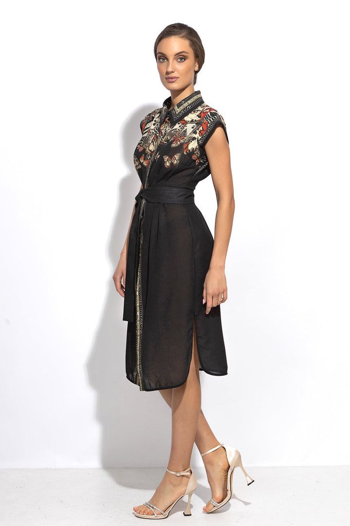 POPLIN SHIRT DRESS WITH OVAL HEM AND DRAPED WAIST - MIDNIGHT BUTTERFLIES JIORO РОКЛЯ ТИП РИЗА ОТ ПОПЛИН С ОВАЛЕН ПОДГЪВ И ДРАПИРАНА ТАЛИЯ - MIDNIGHT BUTTERFLIES JIORO