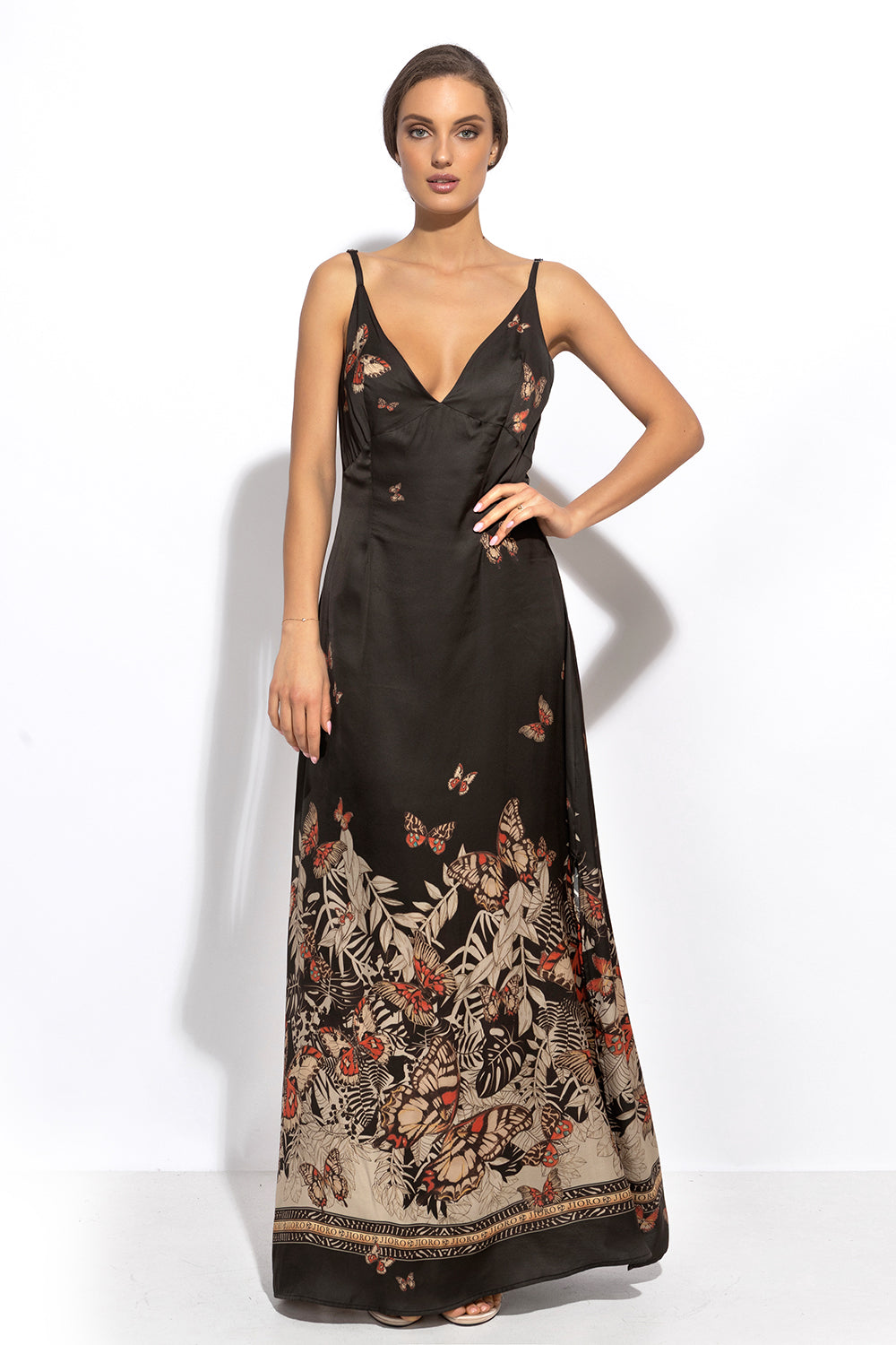 VISCOSE SLIP DRESS WITH OPEN BACK AND THIN STRAPS - MIDNIGHT BUTTERFLIES JIORO РОКЛЯ ОТ ВИСКОЗА С ОТВОРЕН ГРЪБ И ТЪНКИ ПРЕЗРАМКИ - MIDNIGHT BUTTERFLIES JIORO 
