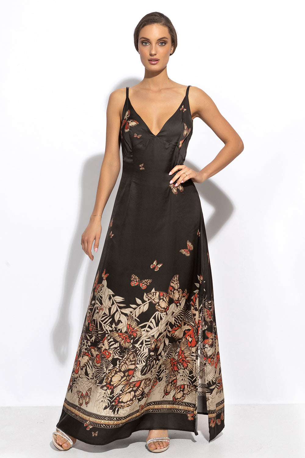 VISCOSE SLIP DRESS WITH OPEN BACK AND THIN STRAPS - MIDNIGHT BUTTERFLIES