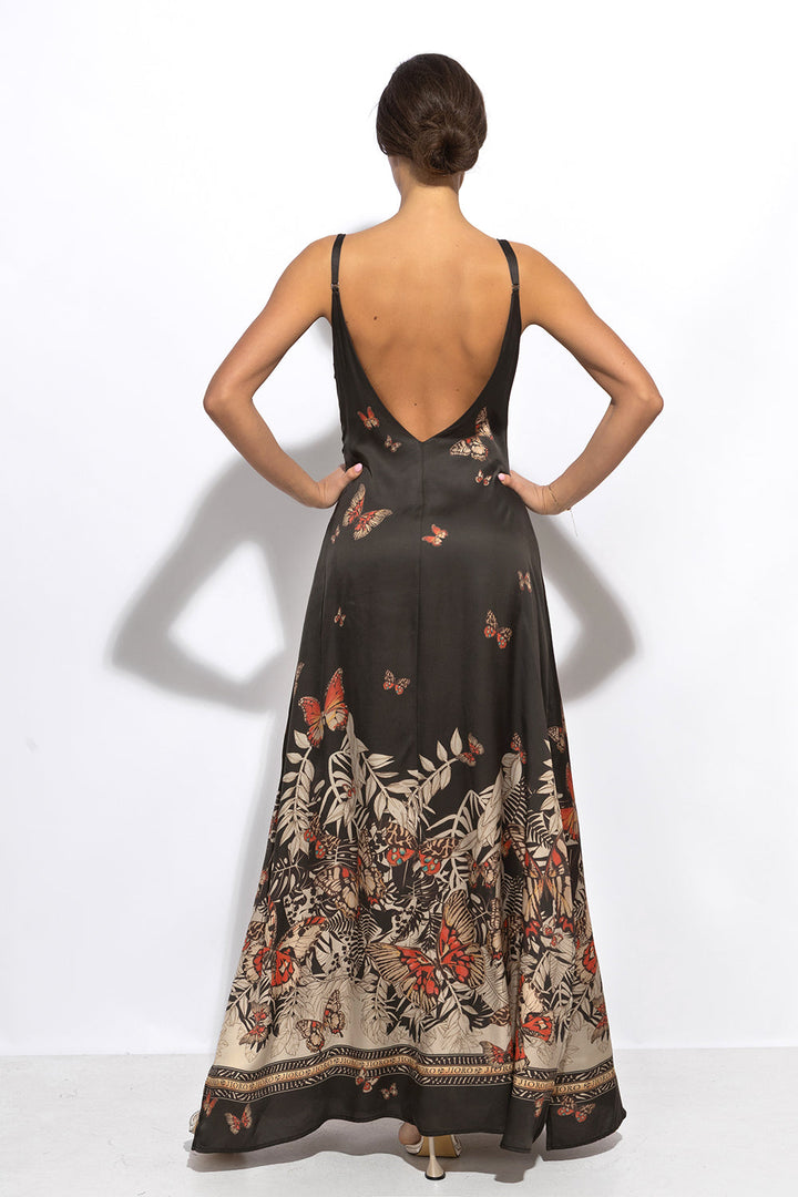 VISCOSE SLIP DRESS WITH OPEN BACK AND THIN STRAPS - MIDNIGHT BUTTERFLIES JIORO РОКЛЯ ОТ ВИСКОЗА С ОТВОРЕН ГРЪБ И ТЪНКИ ПРЕЗРАМКИ - MIDNIGHT BUTTERFLIES JIORO 